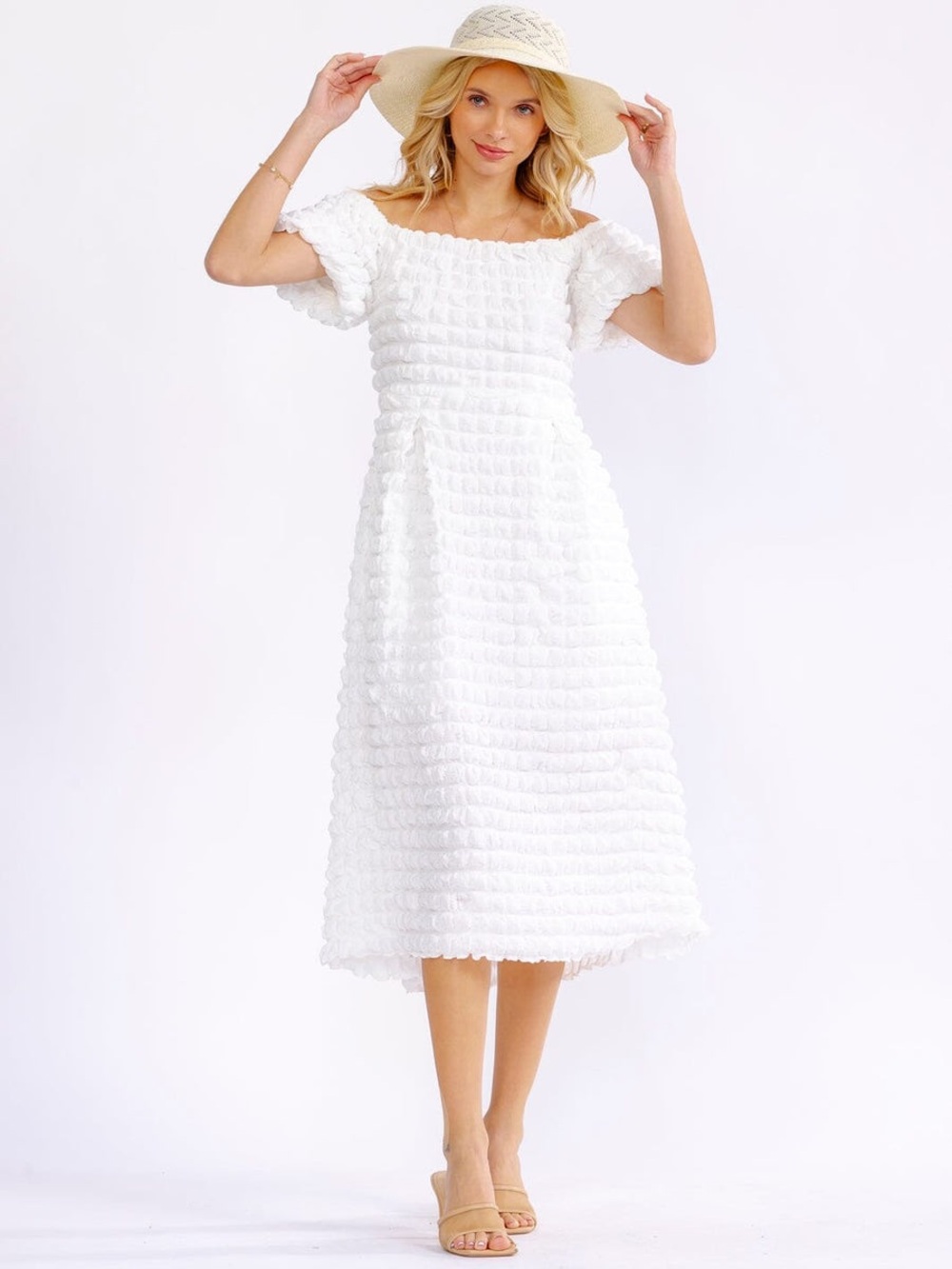 Off-Shoulder White Textured Midi Dress